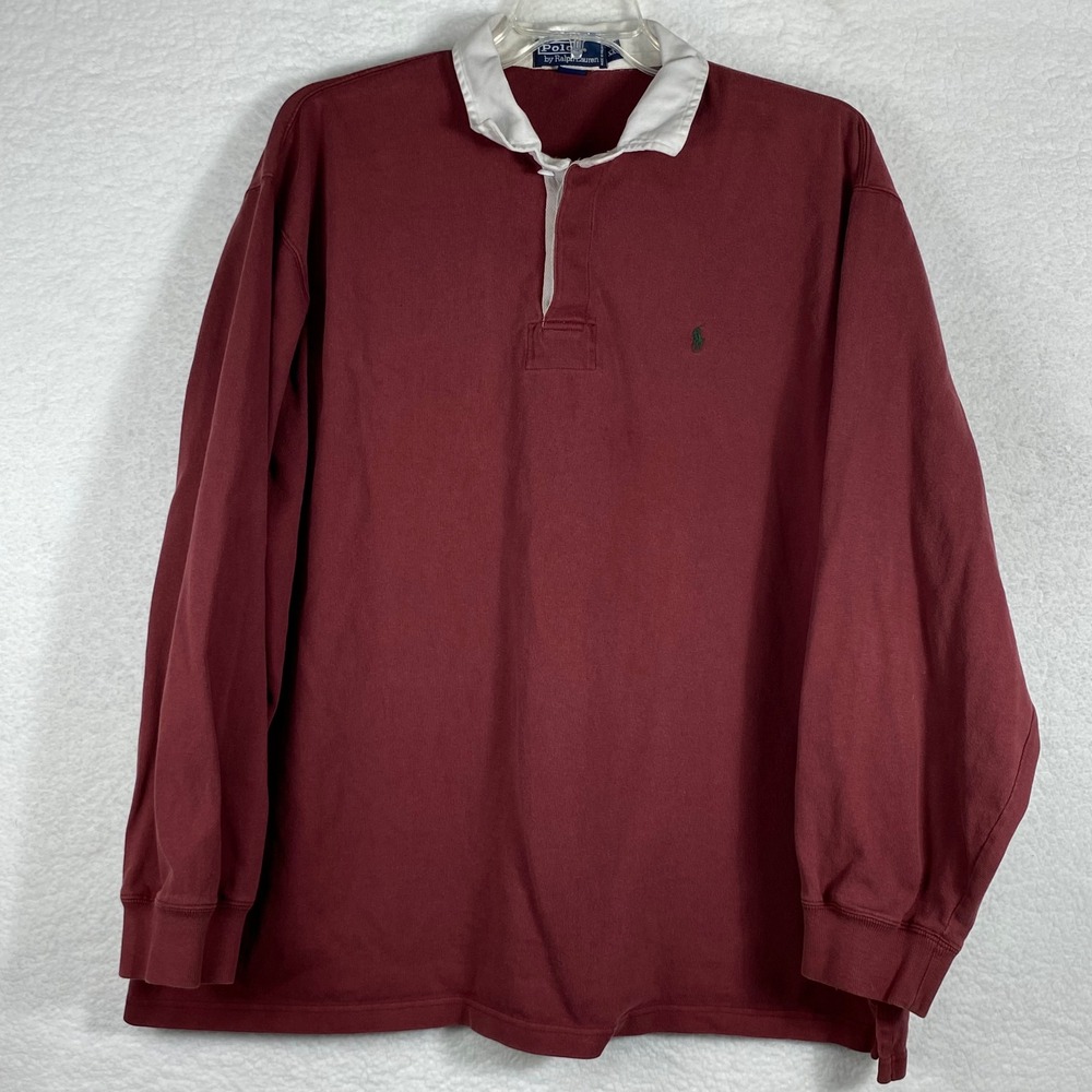Polo Ralph Lauren Mens XXL Burgundy Long Sleeve Cotton Rugby Shirt Vintage